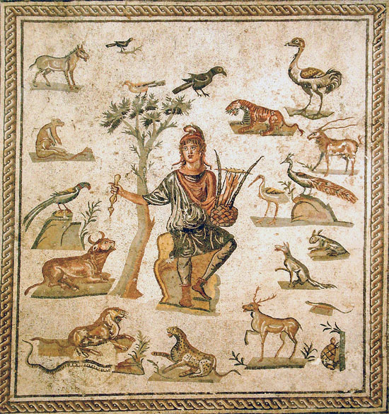 Orpheus surrounded by animals. Ancient Roman floor mosaic, from Palermo, now in the Museo archeologico regionale di Palermo. Picture by Giovanni Dall'Orto.